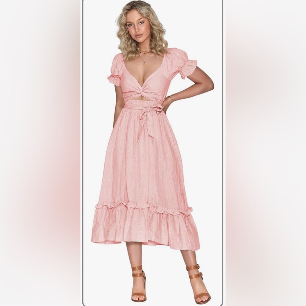 Boho Maxi Dress Puff Sleeve Tie Waist. Deep V Neck Smocked Summer Wrap Dress, XL